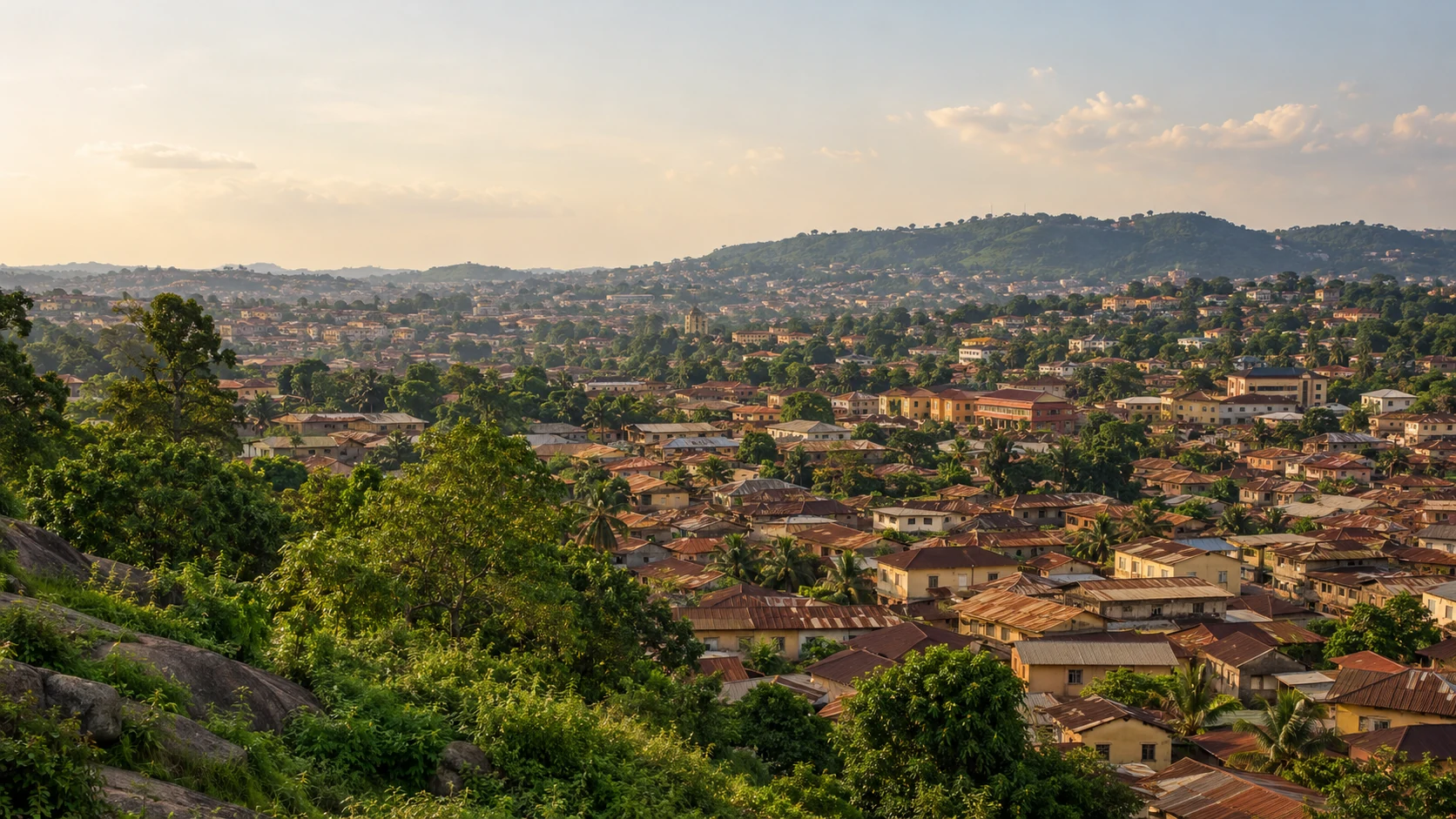 An illustrative cityscape inspired by Ibadan’s distinctive roofscape